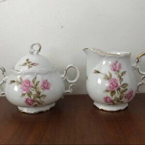 Antique Mikasa Rosetta Japan Fine China Creamer Sugar Bowl Roses Gold Trim Lid